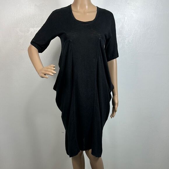 Jaeger Vintage Linen Black Knee Length Short Sleeve Draped Sides Dress Size S/M - Picture 1 of 8